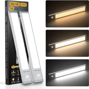 Under Cabinet Lights,76 LED Operated Motion Sensor Light Indoor,1500mAh USB Rechargeable Closet Lights, 2 Pack Magnetic Dimmable Closet Lights，Wireless Under Counter Lights for Kitchen, Stairs