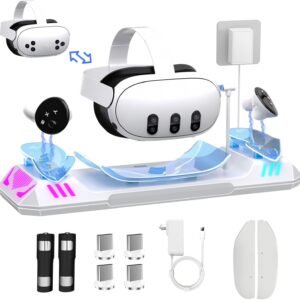 Fast Charging Dock for Meta Quest 3 Meta Quest 3S with 24W Type C Adapter and 2 Rechargeable 2100mAh Batteries, CORTATY Magnetic Charging Station for Oculus Quest 3 VR Headset & Controller