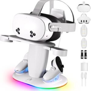 Charging Dock Compatible with Meta Quest 3/3S/2, Magnetic VR Stand with Fast Charging, RGB Lighting, 2 Rechargeable Batteries, Type-C, Accessories for Oculus Quest Headset and Controllers