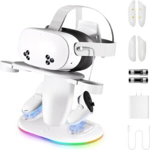 G-STORY Charging Dock for Meta Quest 3/3S Headset Controller with 2 Rechargeable 2100mAh Battery,VR Charging Station for Meta Quest 2 Fast Charging,USB-C Charger and Cable,Support LED Indicator