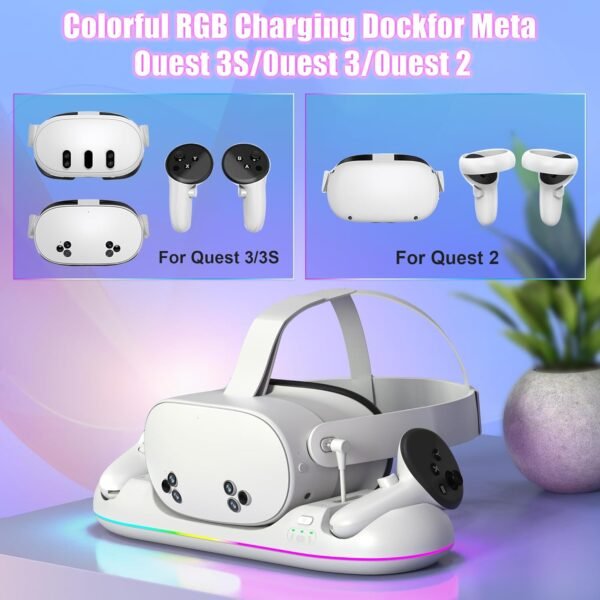 Magnetic Charging Dock for Meta Quest 3S/3/2-20W PD Fast Charging Station with RGB LED Light, Rechargeable Batteries, USB-C Cable & Adapter for VR Headset/Controllers (Q22) - Image 3