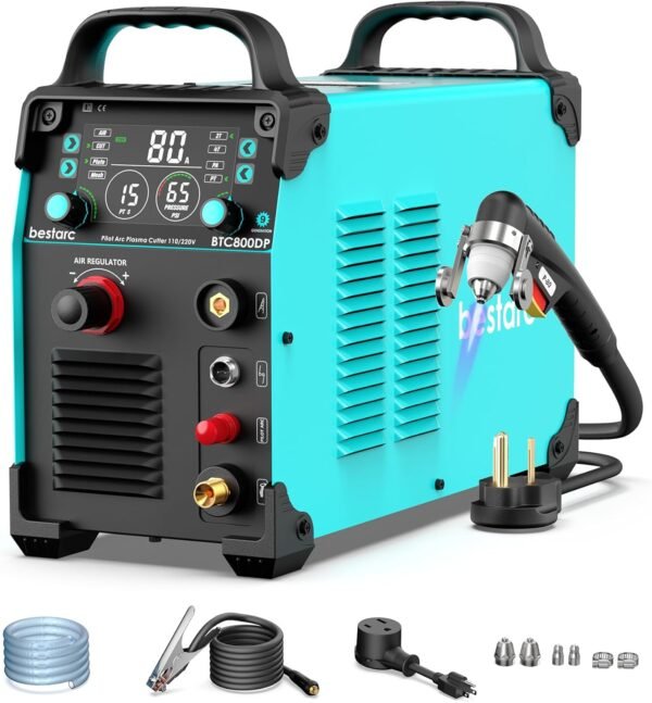 Plasma Cutter, [Pilot Arc] [Large LED Display] [Air Sensor Technology] 80Amps Cutter Machine 110/220V Dual Voltage IGBT Inverter 1 Inch Clean Cut, Post Flow 2T/4T for Home DIY, BTC800DP 9GEN