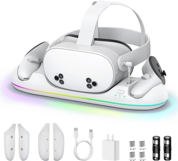 Magnetic Charging Dock for Meta Quest 3S/3/2-20W PD Fast Charging Station with RGB LED Light, Rechargeable Batteries, USB-C Cable & Adapter for VR Headset/Controllers (Q22)