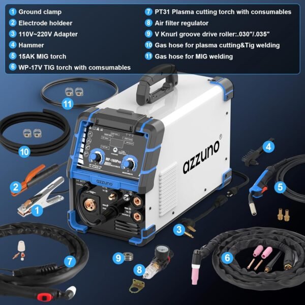 AZZUNO 5 in 1 160A Welder Machine, Plasma Cutter Welder Combo with HF TIG/Gas MIG/Flux MIG/Stick Welding, 110/220V Dual Voltage Multiprocess Welding Machine - Image 7