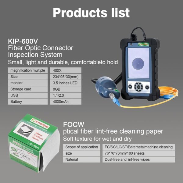 400X Magnification Optic Fiber Inspection Probe Komshine KIC-05D Optical Video Inspection Kit + Cleaner Cleaning Pen SC FC ST 2.5mm/LC 1.25mm + Fiber Cleaning Wipes 600+ Cleanings - Image 3
