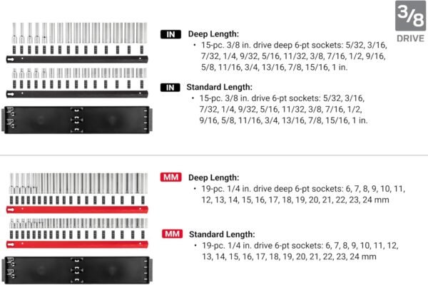 TEKTON 1/4, 3/8, 1/2 Inch Drive 6-Point Socket Set with Rails and Trays (214-Piece) | SHD99202 - Image 6