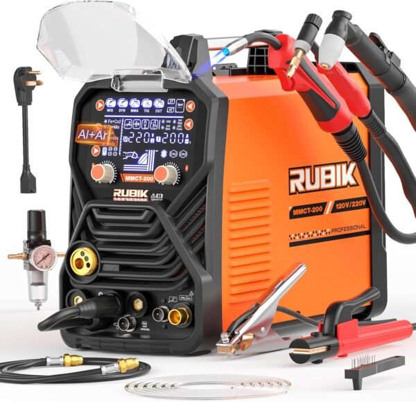 RUBIK Multiprocess Welding Machine-200A 7 in 1 Welder Combo with HF TIG/Gas MIG/Flux Core MIG/Stick/Plasma Cutter/SYN/Spot/VRD Welding, Spool Gun 110/220V Dual Voltage Aluminum Welder