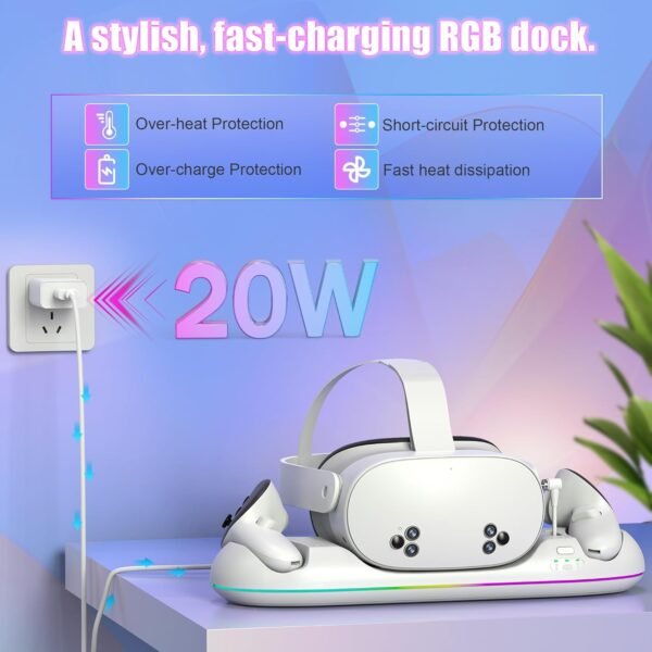 Magnetic Charging Dock for Meta Quest 3S/3/2-20W PD Fast Charging Station with RGB LED Light, Rechargeable Batteries, USB-C Cable & Adapter for VR Headset/Controllers (Q22) - Image 7