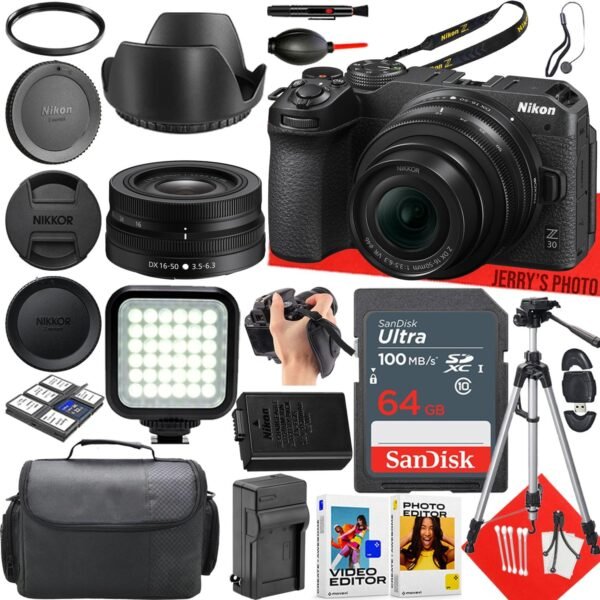 Nikon Z30 Mirrorless Camera with Nikon NIKKOR Z DX 16-50mm f/3.5-6.3 VR Lens + 64 GB Memory + LED Light + Camera Case + Tripod + More (24pc Bundle) (Renewed)
