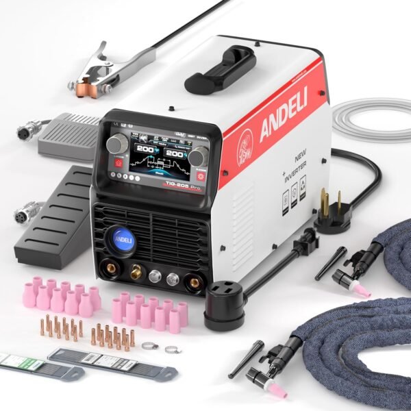 ANDELI AC/DC Aluminum TIG WELDER with Pulse 110V/220V Dual Voltage TIG Welding Machine with Foot Pedal, 205Amp Cold Welding Machine Large LCD Digital Display TIG-205 PRO