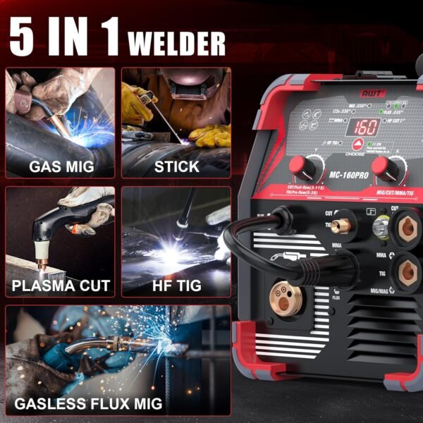 AWT MIG Welding Machine,160A 5 in 1 Plasma Cutter Welder Combo HF TIG/Gas MIG/Flux MIG/Stick Welding,110/220V Dual Voltage, Multi-Process Welder MIG88-160M - Image 2