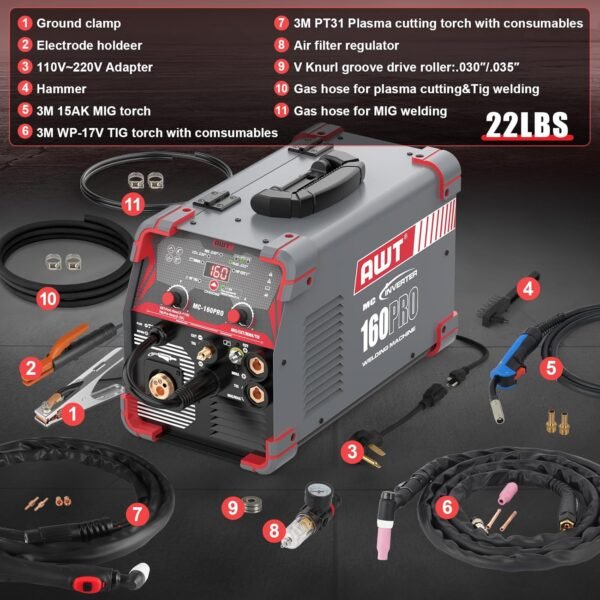 AWT MIG Welding Machine,160A 5 in 1 Plasma Cutter Welder Combo HF TIG/Gas MIG/Flux MIG/Stick Welding,110/220V Dual Voltage, Multi-Process Welder MIG88-160M - Image 7