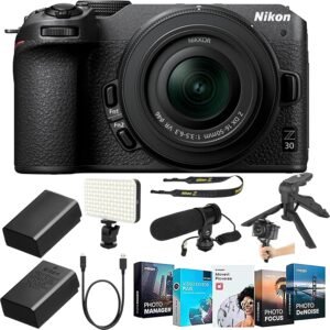 Nikon Z30 Mirrorless Camera with Nikon NIKKOR Z DX 16-50mm f/3.5-6.3 VR Lens+Handheld Grip Tirpod+LED Light+Photo Software+Shot-Gun Microphone(13PC) Bundle (Renewed)