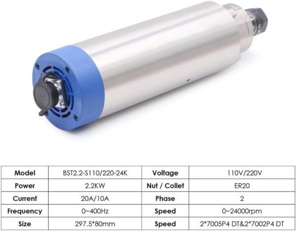 Gpenny 2.2KW ER20 D80 110v Air cooled spindle motor(Ceramic ball bearings) kit, QL Inverter, 80mm Bracket - Image 3