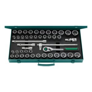 Stahlwille 96030107 1/2" Socket Set 45 Piece Set with Quick Release Ratchet, Extensions, T-Handle, Universal Joint, and Sturdy Sheet Steel Case, Made in Germany