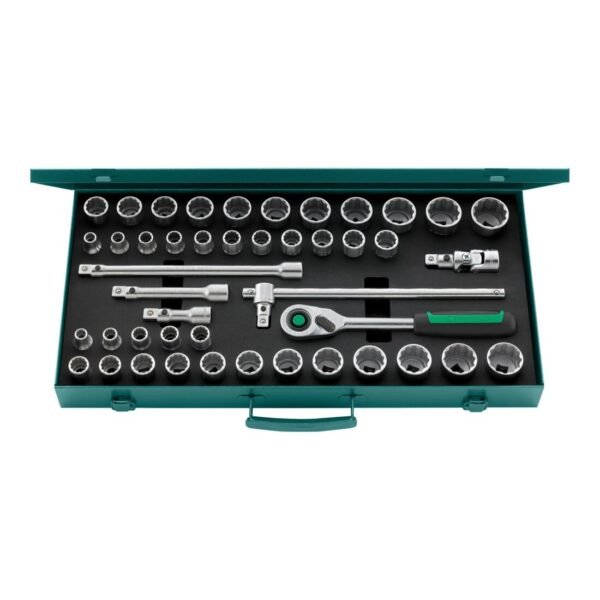 Stahlwille 96030107 1/2" Socket Set 45 Piece Set with Quick Release Ratchet, Extensions, T-Handle, Universal Joint, and Sturdy Sheet Steel Case, Made in Germany