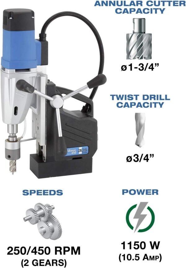 C.S. Unitec MABasic 450 Portable Magnetic Drill Press | 1150W 2-Speed Benchtop Power Drill Machine w/up to 1-3/4" Diameter & 6-1/3" Depth of Cut | Oil Bottle Included - Image 2