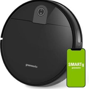 Greenworks Robotic Vacuum GRV-1010 Self-Charging, Wi-Fi Connectivity, 2200Pa Extreme Suction Power, Perfect for Pet Hair, Hard Floors, Carpets, Works with Alexa