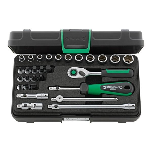 Stahlwille 96011137 1/4" Hex Socket Set with Inhex, Slotted & Cross-head Sockets and Ratchet, 29 Piece Set (3mm-14mm) in ABS Plastic Case, for Heavy-duty Applications, Made in Germany