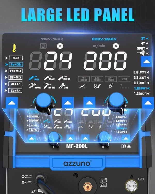 AZZUNO 200A Plasma Cutter Welder Combo, 9 in 1 Multiprocess Welder Machine Gas MIG/PULSE MIG/MAG/Flux Gasless MIG/Spool Gun Compatible/HF TIG/Stick/CUT/SPOT MIG, 110/220V Aluminum MIG Welding Machine - Image 3