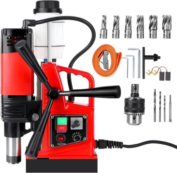 1400W Portable Magnetic Drill, 810 RPM, 2 Inch Boring Diameter, Double Track, with 6Pcs Drill Bits, for Industrial and Home Improvement