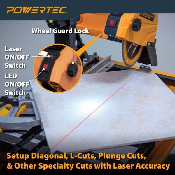 POWERTEC PRO 7-Inch Wet Tile Saw with Stand - 10-Amp, 1.5 HP Tile Cutter with Laser & LED Light, for Precise Ceramic & Porcelain Cuts (TLS1003) - Image 6