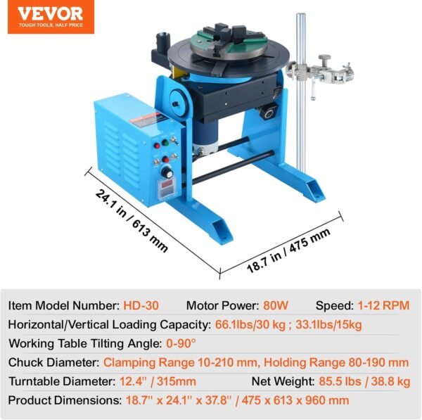 VEVOR 30KG/66LBS Rotary Welding Positioner, 1-12RPM 80W Welder Positioning Machine, 0-90° Welding Positioning Turntable Table with 12.4 Inch 3-Jaw Lathe Chuck & Welding Torch Stand Holder - Image 6