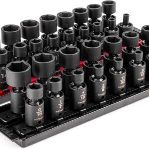 TEKTON 3/8 Inch Drive 6-Point Universal Joint Impact Socket Set with Rails and Trays, 34-Piece (1/4-1 in., 6-24 mm) | SID97201