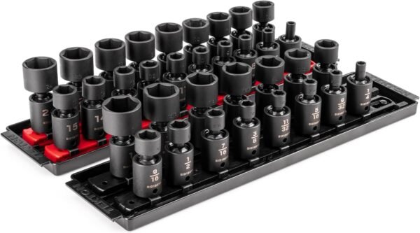TEKTON 3/8 Inch Drive 6-Point Universal Joint Impact Socket Set with Rails and Trays, 34-Piece (1/4-1 in., 6-24 mm) | SID97201