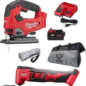 2-Tool Combo, M18 Fuel Brushless Cordless Jig Saw Bundle with Oscillating Multi-Tool, 5.0 Ah battery, Charger, Buho Tool Bag & Flashlight