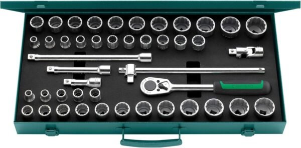 Stahlwille 96030140 45-Piece 1/2" Socket Set with Ratchet, Extensions, T-Handle, and Universal Joint in Sturdy Sheet Steel Case, Made in Germany