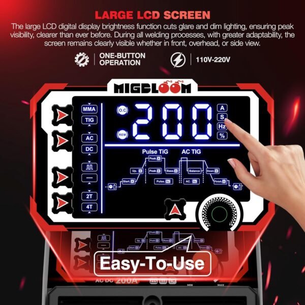 AC DC 200A TIG Welder with Pulse, 6 in 1 Aluminum Welder STICK MMA TIG Welding 110V/220V Dual Voltage LCD Display IGBT Inverter for Stainless Steel, Carbon Steel, Copper MultiProcess Welding Machine - Image 3
