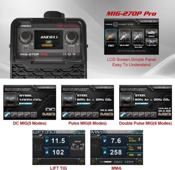 ANDELI Double Pulse 220V MIG Welder - MIG Lift TIG & MMA Welding and Flux Welding Without Gas LCD Screen 5 in 1 Inverter MIG Welding Machine (MIG-270P PRO) - Image 6