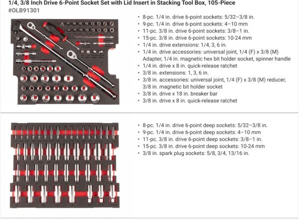 TEKTON 1/4, 3/8 Inch Drive 6-Point Socket and Ratchet, Screwdriver, and Pliers Set in Modular Stacking Tool Box, 2-Drawer (127-Piece) | OLB99002 - Image 3