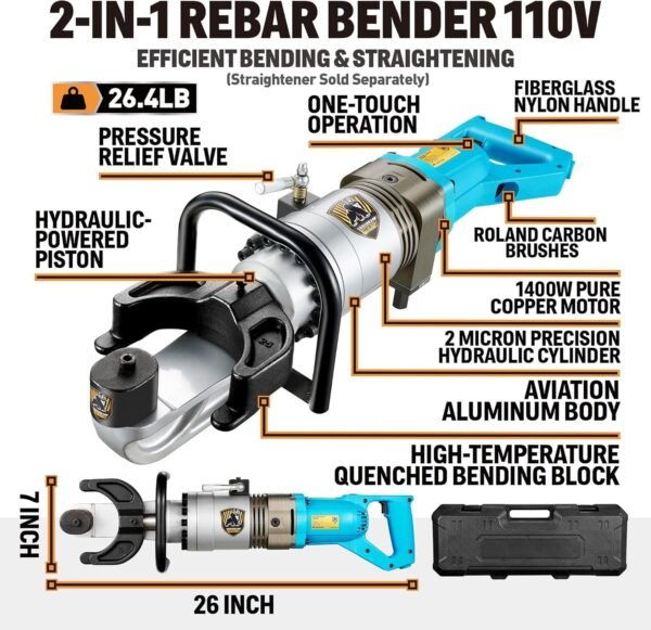 𝟮𝟬𝟮𝟰 𝐔𝐩𝐠𝐫𝐚𝐝𝐞𝐝 1400W Electric Hydraulic Rebar Bender, Portable Rebar Bender Tool, Bending up to 5/8 Inch #5 16mm Rebar, Bending 0-130°, Handheld Bender Machine with Copper Motor,110V - Image 5