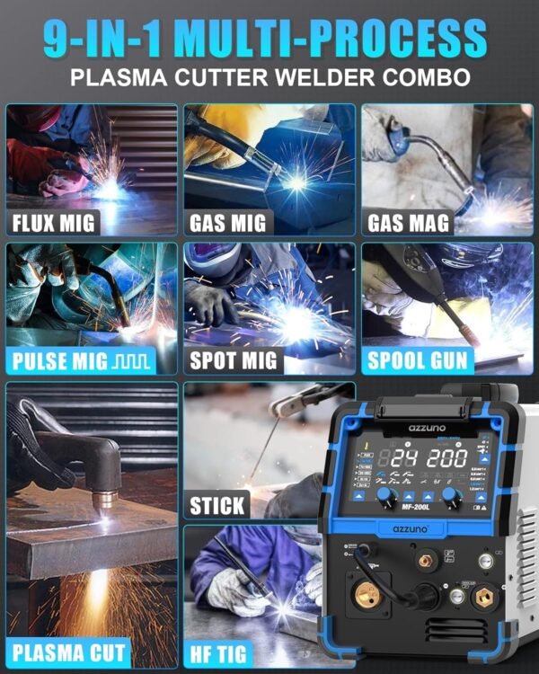 AZZUNO 200A Plasma Cutter Welder Combo, 9 in 1 Multiprocess Welder Machine Gas MIG/PULSE MIG/MAG/Flux Gasless MIG/Spool Gun Compatible/HF TIG/Stick/CUT/SPOT MIG, 110/220V Aluminum MIG Welding Machine - Image 2